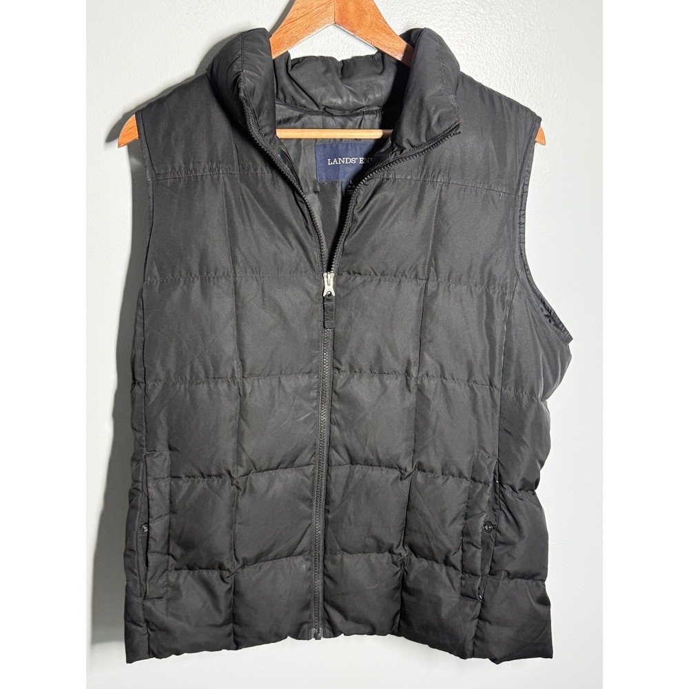 Lands End Womens Black Down Puffer Vest Quilted Full Zip Jacket L 14-16